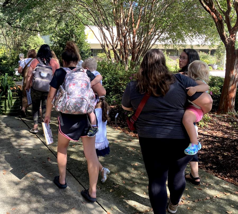 families exploring botanical gardens