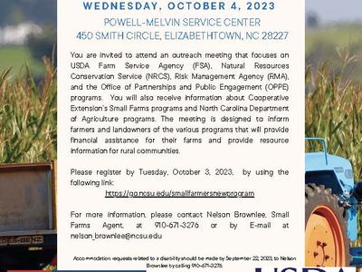 'Linking Small Farmers to USDA' outreach meeting — Oct 4, 2023, Powell-Melvin Service Center, Elizabethtown, NC