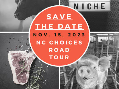 Event flyer with images of a cow, steak, and pig