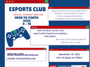 Esports Club flyer: virtual meeting open to youth 8–18; Sept 25, 2023, Zoom 6:30pm
