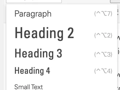 Text-format dropdown listing: Paragraph; Heading 2; Heading 3; Heading 4; Small Text