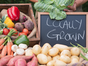 Farmer holding cabbage beside chalkboard reading "LOCALLY GROWN" with assorted vegetables on table