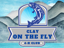 Jumping trout logo with text "CLAY ON THE FLY" and "4-H CLUB."