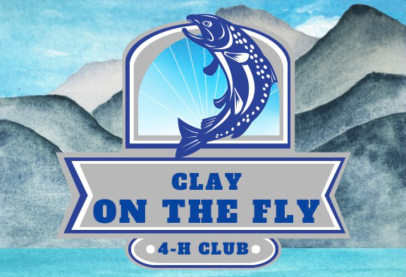 Jumping trout logo with text "CLAY ON THE FLY" and "4-H CLUB."