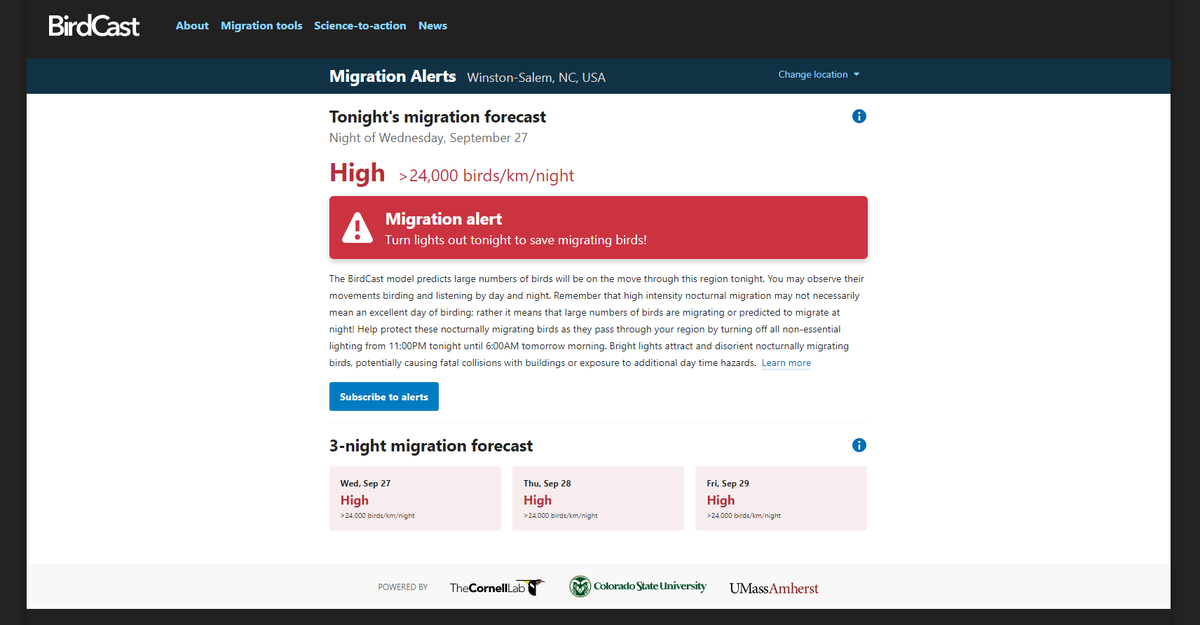 Birdcast High Migration Alert Screenshot