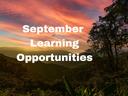 mountain sunset with words "September Learning Opportunities"
