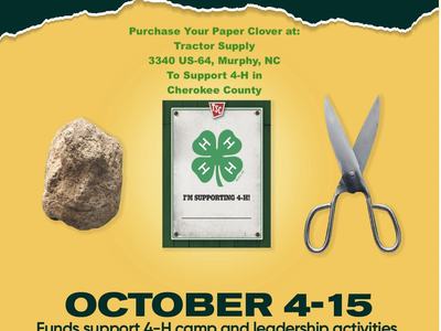 Paper Clover "Everyone's a Winner!" poster with rock, paper, scissors; Oct 4–15; supports 4‑H.