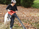 Woman using a blower/vac to collect leaves.