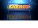 Cylindrical battery labeled "ENERGY" with blue lightning bolts and mirrored reflection