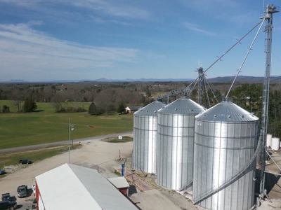 Three large metal grain silos with conveyor towers on a rural farm