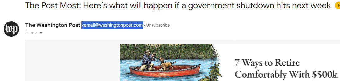 Safe Email screenshot showing washington post sender