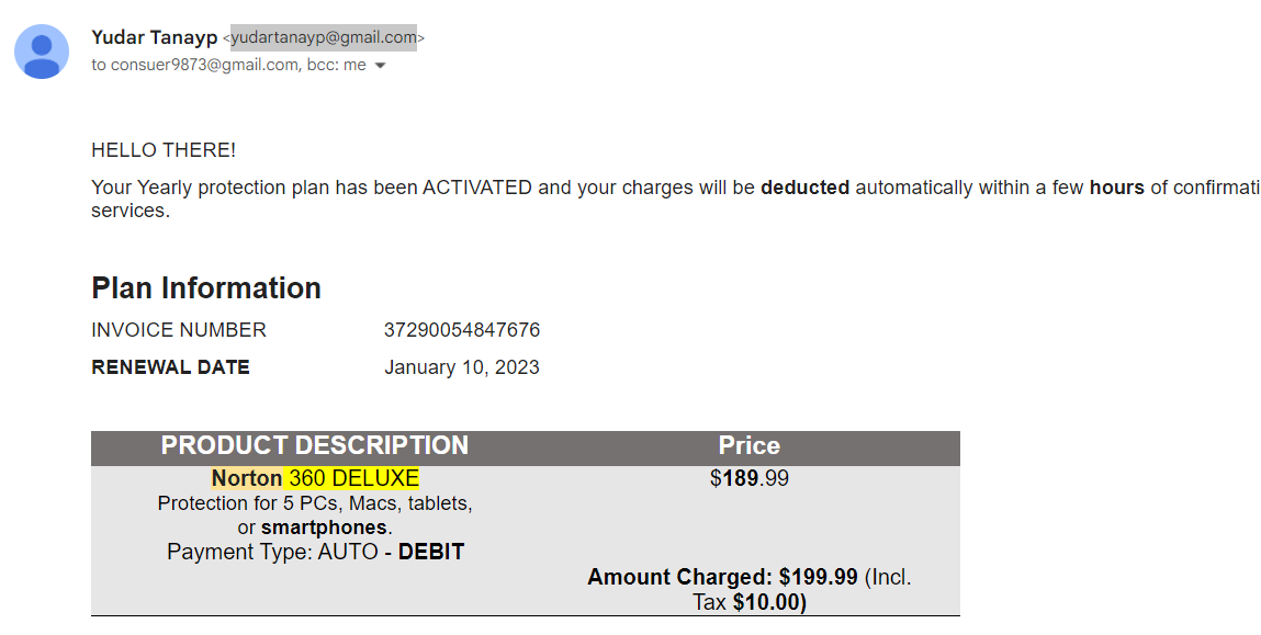scam email example screenshot highlighting odd email address, rushed deadlines and claiming an auto payment deduction