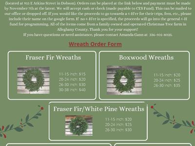 Surry County 4-H Wreath and Garland Fundraiser flyer with order details, sizes, and prices