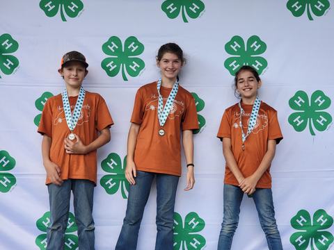 Three youths wearing orange shirts and 4‑H medals standing in front of 4‑H clover backdrop