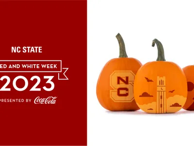 NC State Red and White Week 2023 presented by Coca-Cola; three pumpkins with NC-themed carvings