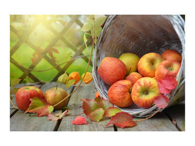 a basket of apples and fall leaves