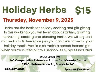 Herb Workshop November 9 from 2 to 4 pm