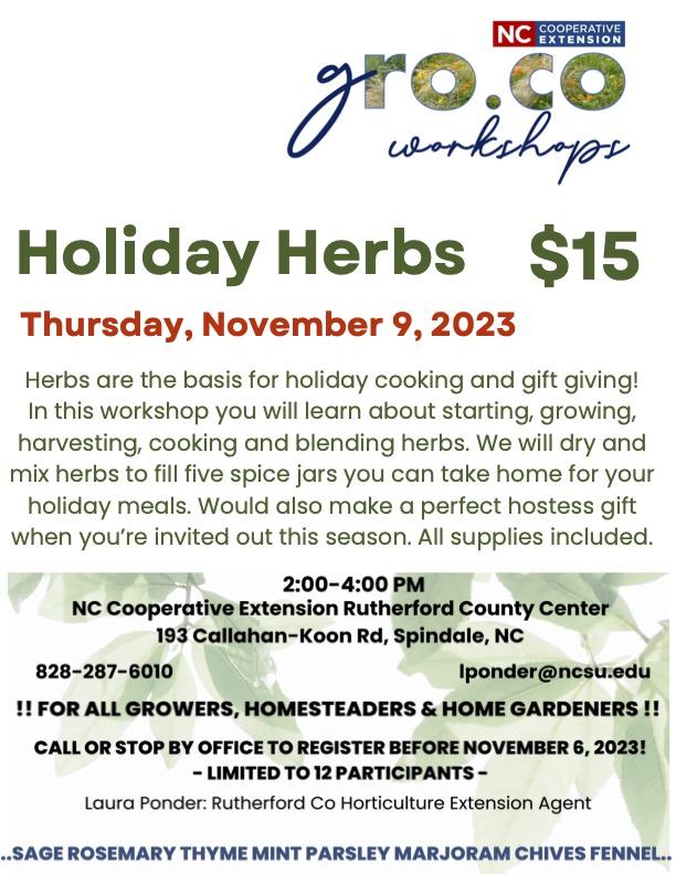 Herb Workshop November 9 from 2 to 4 pm