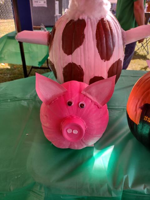 Painted pink pumpkin made into pig with bottle snout and googly eyes on green table
