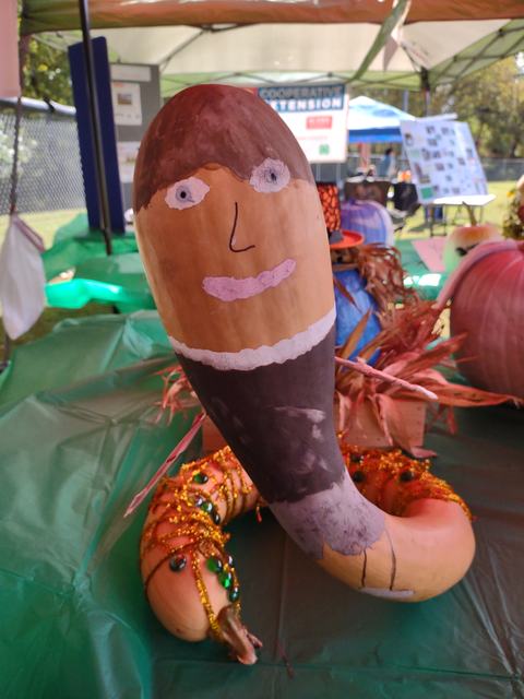 Painted gourd decorated with a painted face and beads on a green table at a fair tent