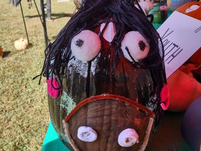 Black decorated pumpkin with yarn hair and white eyes on green table; sign reads "YOUTH"