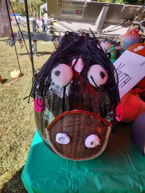 Black decorated pumpkin with yarn hair and white eyes on green table; sign reads "YOUTH"