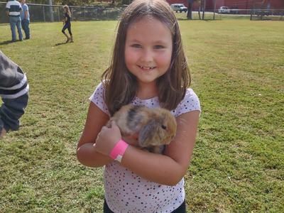 Young girl standing on grass holding a brown lop-eared rabbit at an outdoor event