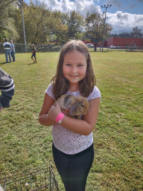 Young girl standing on grass holding a brown lop-eared rabbit at an outdoor event