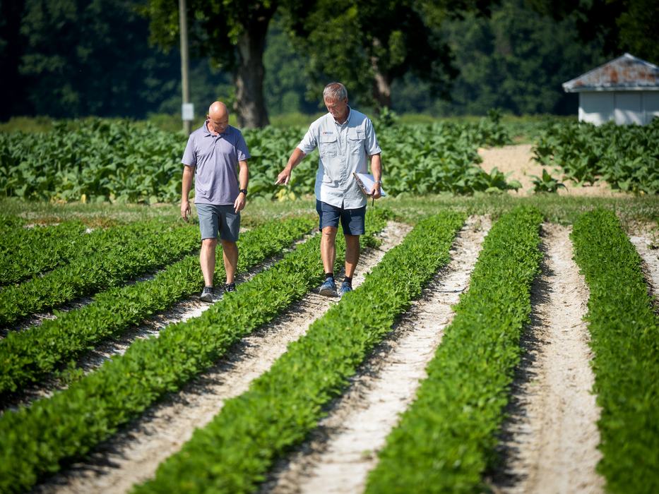 Two men in a field.
