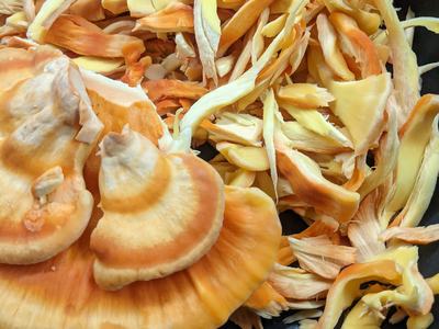 Orange-yellow mushroom caps and shredded slices on a black pan