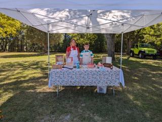 Two children behind a table of items under a white canopy in a grassy park