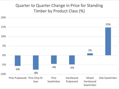 Graph indicating price change for 5 product classes of timber in North Carolina for third quarter 2023