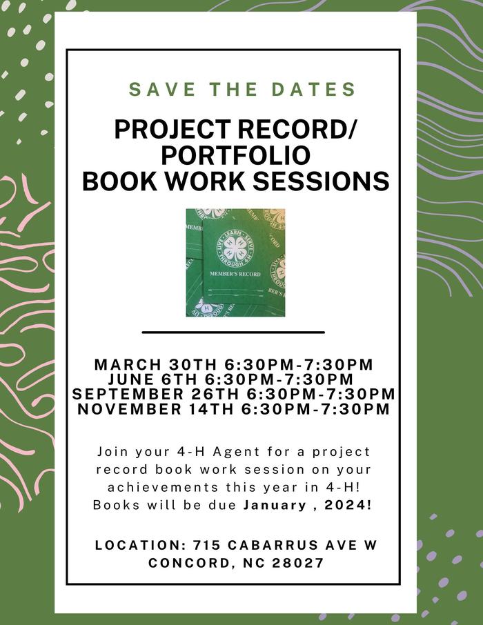 Project Record/Portfolio sessions: Mar 30, Jun 6, Sep 26, Nov 14. 715 Cabarrus Ave W, Concord NC