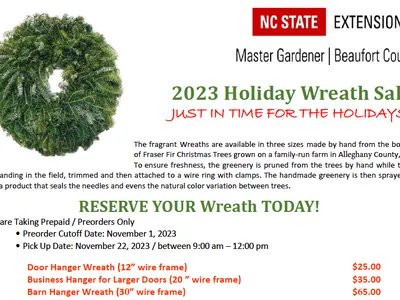 Christmas Wreath Sale Flyer - Call 252/946-0111 to order or for more details