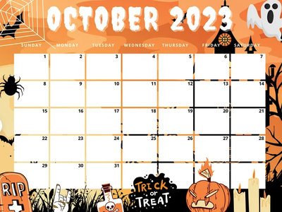 October 2023 calendar with Halloween icons: jack-o'-lantern, spider, tombstone, "Trick or Treat"