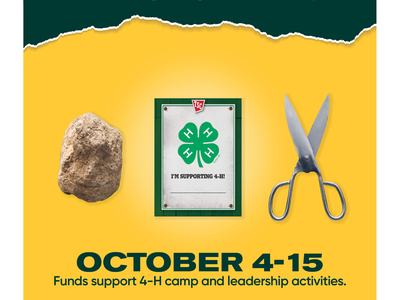 Paper Clover Campaign Flier, with Rock, paper clover image, scissors dates 4-H clover and Tractor Supply logo on yelllow background.