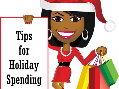 Woman in Santa hat holding sign reading "Tips for Holiday Spending" and colorful shopping bags