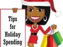 Woman in Santa hat holding sign reading "Tips for Holiday Spending" and colorful shopping bags