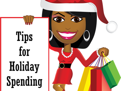 Woman in Santa hat holding sign reading "Tips for Holiday Spending" and colorful shopping bags