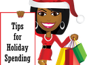 Woman in Santa hat holding sign reading "Tips for Holiday Spending" and colorful shopping bags