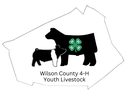 Cow and pig silhouettes with green 4‑H clover inside cow, county outline, text "Wilson County 4-H Youth Livestock"