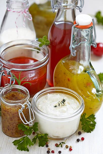 bottles of dressings and sauces