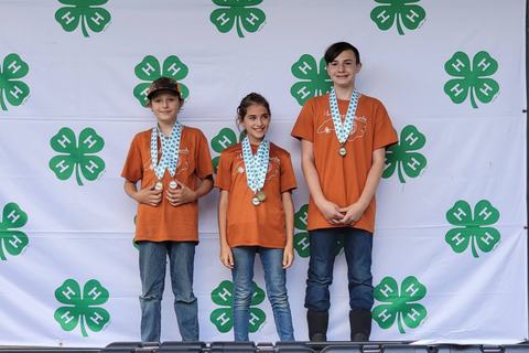 Three children in orange shirts wearing medals, standing in front of 4-H clover backdrop