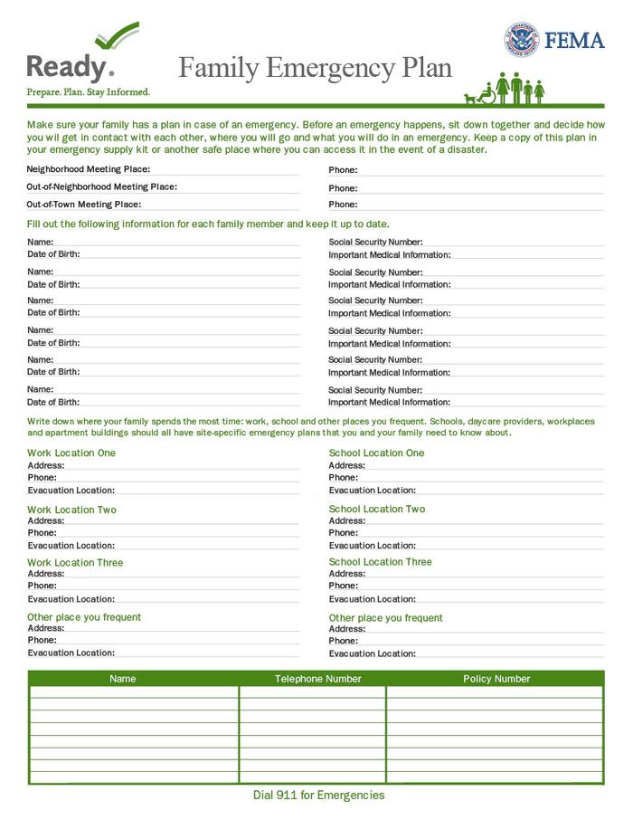 Family Emergency Plan Print Out