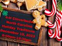 Chalkboard reading "4-H Cloverbuds: North Carolina Holiday Traditions Dec 19, 2023 9:00am-12:30pm" with gingerbread and candy canes
