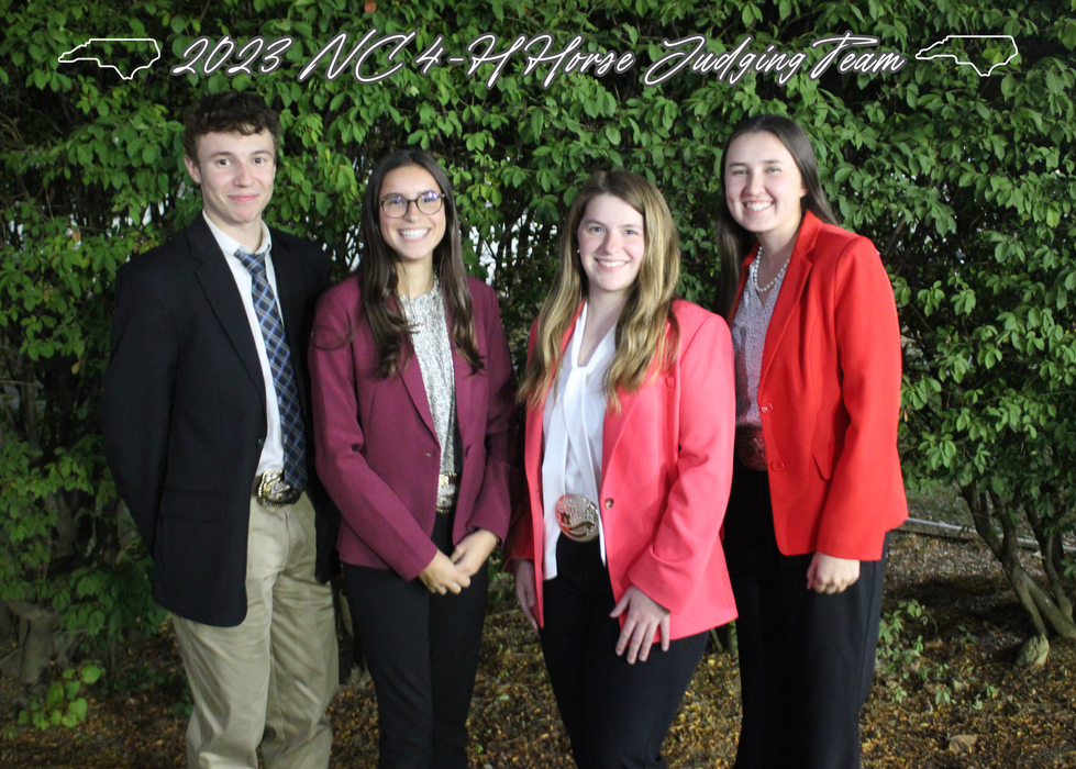 Four people standing in front of bushes; text "2023 NC 4-H Horse Judging Team"