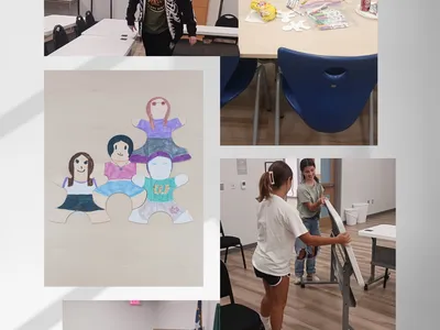 Teens arranging tables and making paper dolls; text "Camden County Teen Council"