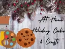 Picture with smiling paintbrush, paint pallet and cookie looking at title of the article. Title and smiling characters are on a background of wood panels with pinecones, holly berries and greenery.