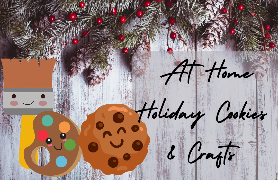 Picture with smiling paintbrush, paint pallet and cookie looking at title of the article. Title and smiling characters are on a background of wood panels with pinecones, holly berries and greenery.