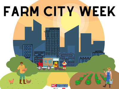 Graphic with title "Farm City Week" at top. The graphics shows a city background with a farm truck, crop rows, and chickens in the foreground.